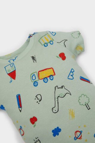 Erkek Bebek 2'li Takım Dinazor Baskılı Kısa Kollu Fitilli Kaşkorse Çıtçıtlı Body Beli Lastikli Şort