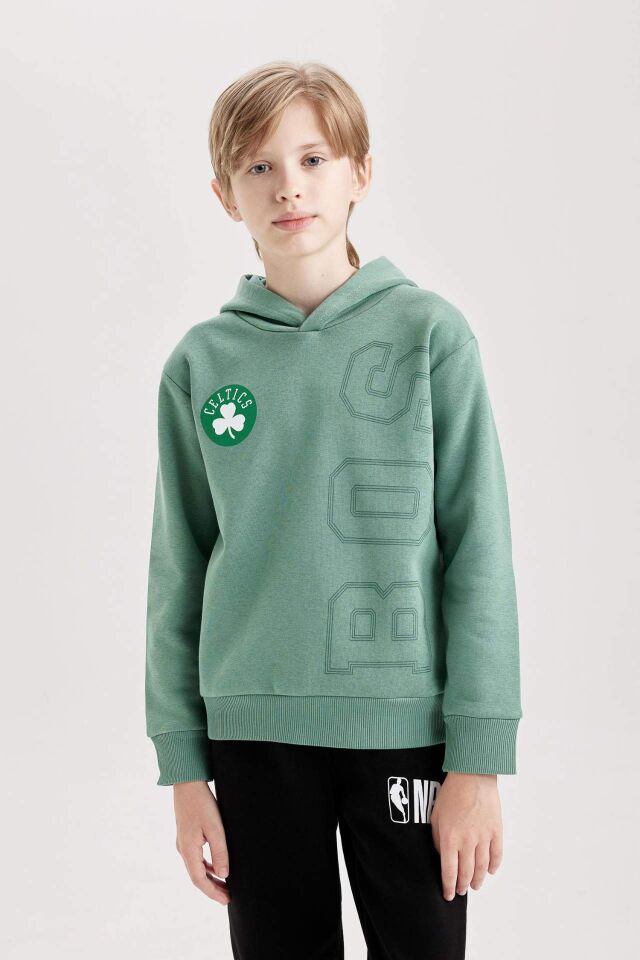 Erkek Çocuk Yeşil NBA Boston Celtics Kapüşonlu Sırt Baskılı Kalın Sweatshirt