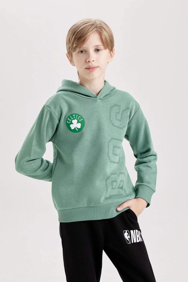 Erkek Çocuk Yeşil NBA Boston Celtics Kapüşonlu Sırt Baskılı Kalın Sweatshirt