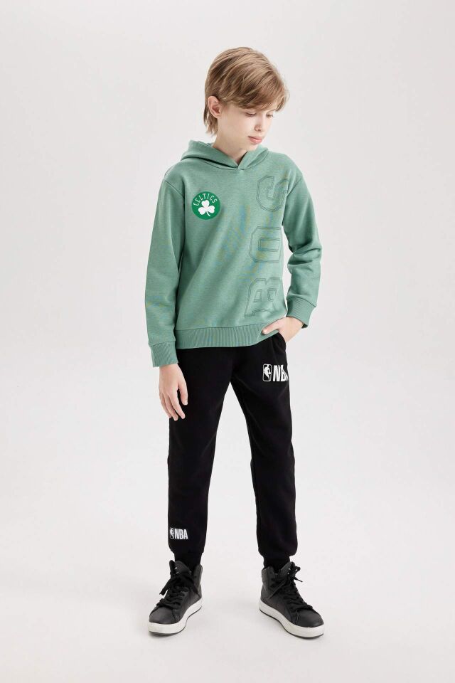 Erkek Çocuk Yeşil NBA Boston Celtics Kapüşonlu Sırt Baskılı Kalın Sweatshirt
