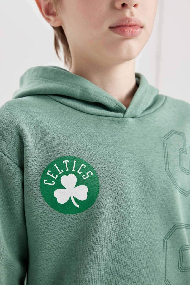 Erkek Çocuk Yeşil NBA Boston Celtics Kapüşonlu Sırt Baskılı Kalın Sweatshirt