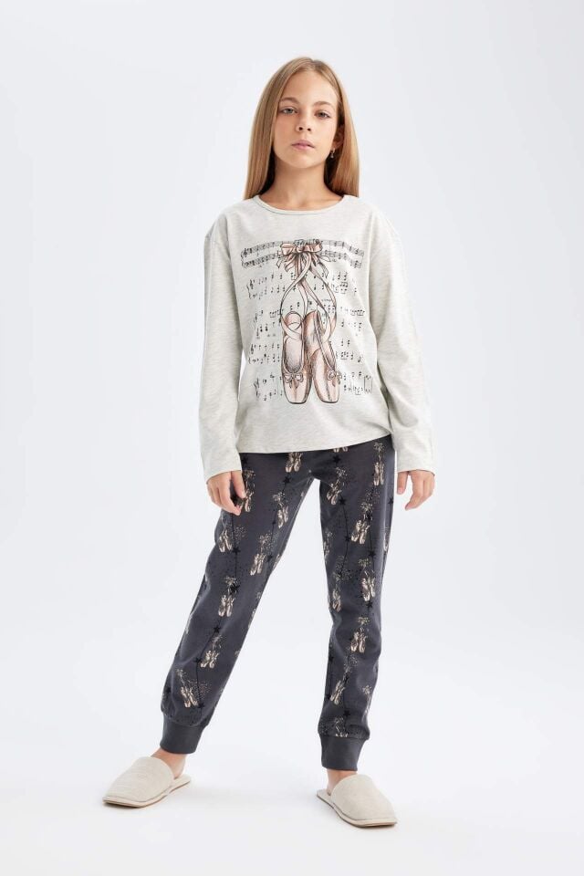 Kız Çocuk Pijama Takım Baskılı Uzun Kollu Üst Beli Lastikli Uzun Alt
