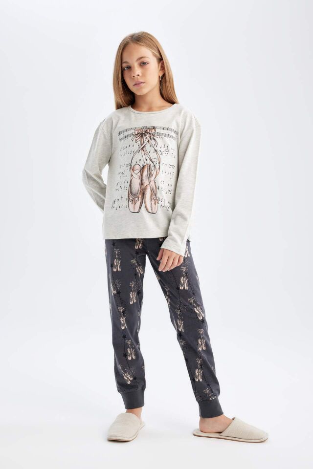 Kız Çocuk Pijama Takım Baskılı Uzun Kollu Üst Beli Lastikli Uzun Alt
