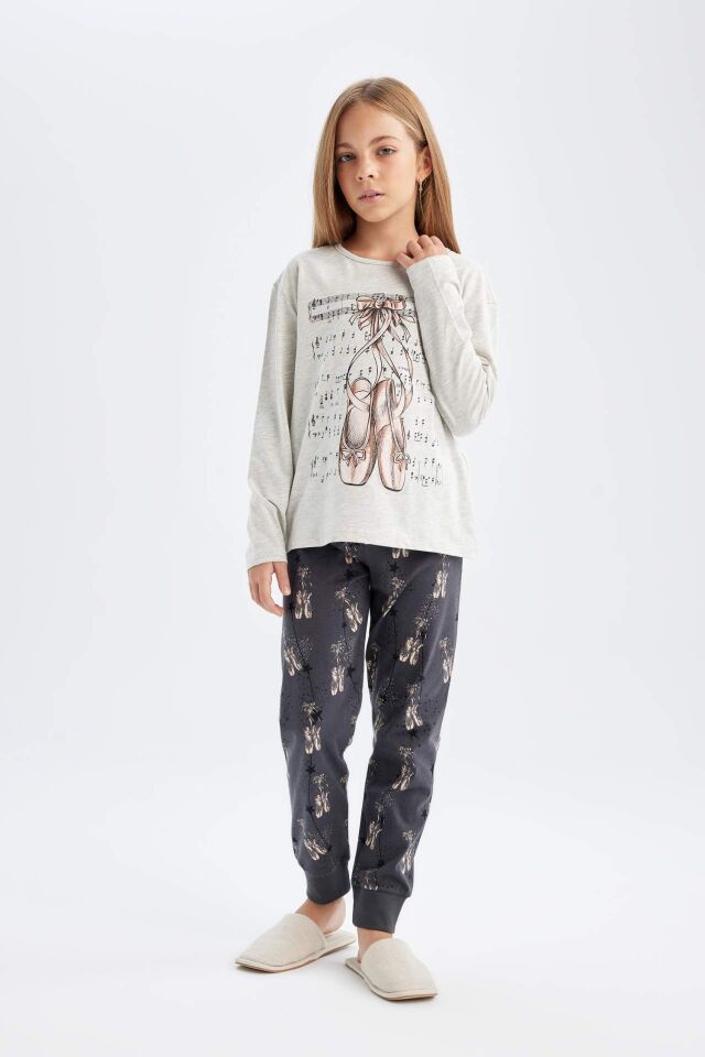 Kız Çocuk Pijama Takım Baskılı Uzun Kollu Üst Beli Lastikli Uzun Alt