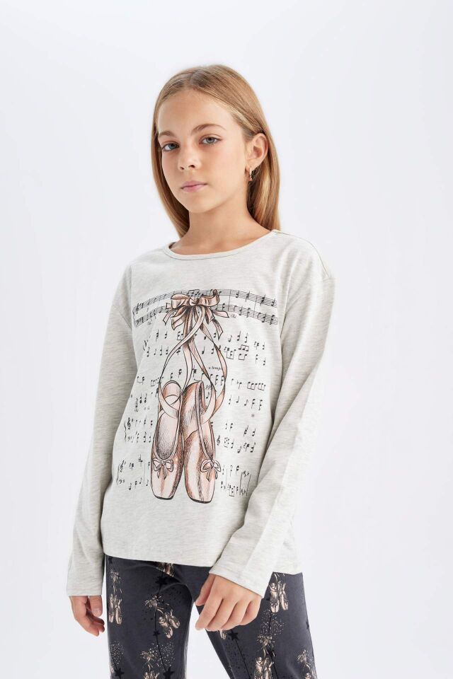 Kız Çocuk Pijama Takım Baskılı Uzun Kollu Üst Beli Lastikli Uzun Alt