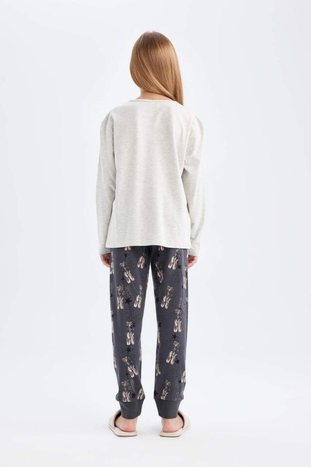 Kız Çocuk Pijama Takım Baskılı Uzun Kollu Üst Beli Lastikli Uzun Alt