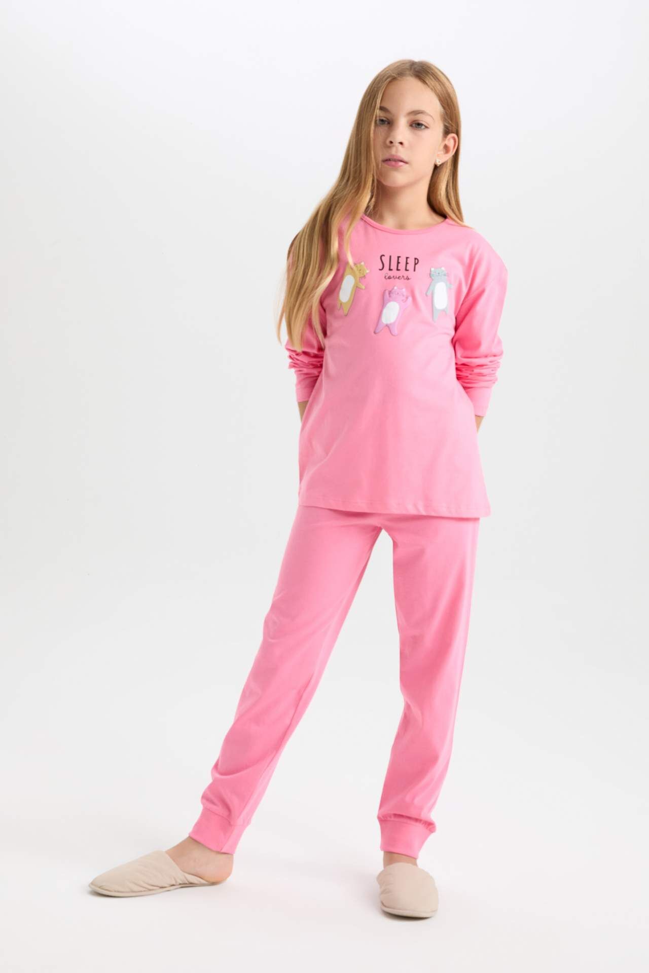 Kız Çocuk Pijama Takımı Baskılı Uzun Kollu Üst Uzun Alt