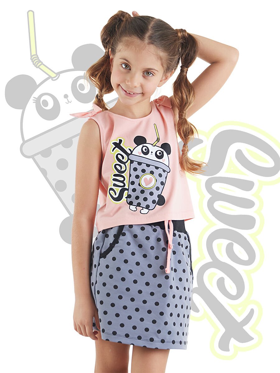 Panda Milkshake Kız Çocuk T-shirt Etek Takım 10 Y - Somon, Gri
