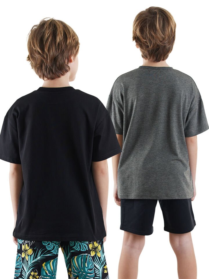 Erkek Çocuk Basic Oversize 2'li T-shirt Takım 7 Y - Siyah