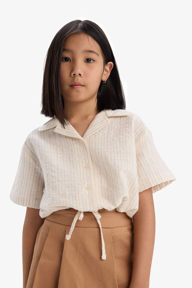 Kız Çocuk Cropped Fit Müslin Kısa Kollu Gömlek
