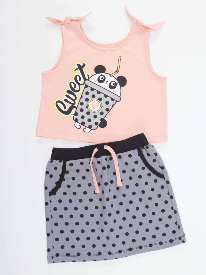 Panda Milkshake Kız Çocuk T-shirt Etek Takım 4 Y - Somon, Gri